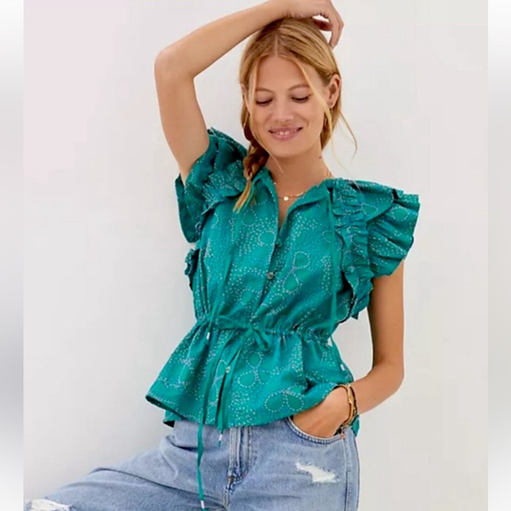 Maeve by Anthropologie Embroidered Ruffled Button Down Blouse
